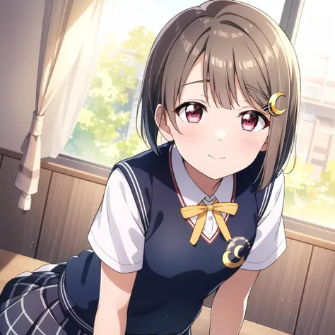 ((Masterpiece)), ((ultra quality)), <lora:kasumin:.8>, blunt bangs, blush, bob cut, bow, light brown hair, buttons, cowboy shot, crescent, crescent hair ornament, hair ornament, hairclip,nakasu kasumi, nijigasaki academy school uniform, ribbon, school uniform, shirt, short hair, short sleeves, skirt, skirt tug, solo, summer uniform, sweater vest, vest, white shirt, yellow ribbon