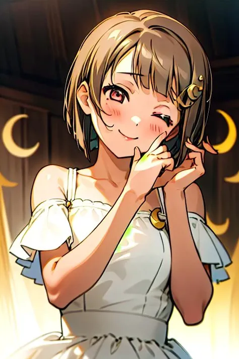 (masterpiece, best quality), intricate details, 1girl, <lora:kasumin:.8> nakasu kasumi, bob cut, light brown hair, short hair, blunt bangs, crescent, crescent hair ornament, hair ornament, hairclip, upper body, white dress, bare shoulders, winking,