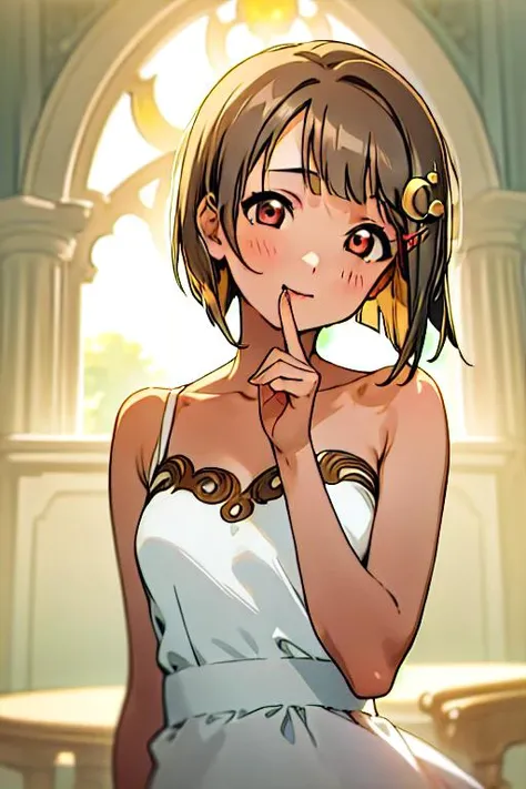 (masterpiece, best quality), intricate details, 1girl, <lora:kasumin:.8> nakasu kasumi, bob cut, light brown hair, short hair, blunt bangs, crescent, crescent hair ornament, hair ornament, hairclip, upper body, white dress, bare shoulders,