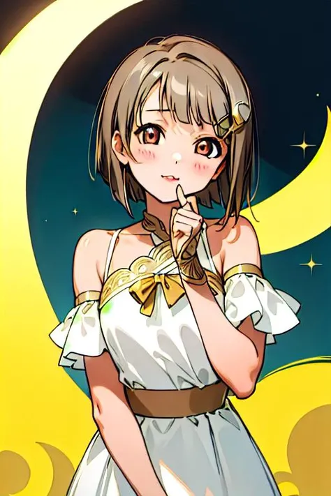 (masterpiece, best quality), intricate details, 1girl, <lora:kasumin:.8> nakasu kasumi, bob cut, light brown hair, short hair, blunt bangs, crescent, crescent hair ornament, hair ornament, hairclip, upper body, white dress, bare shoulders,
