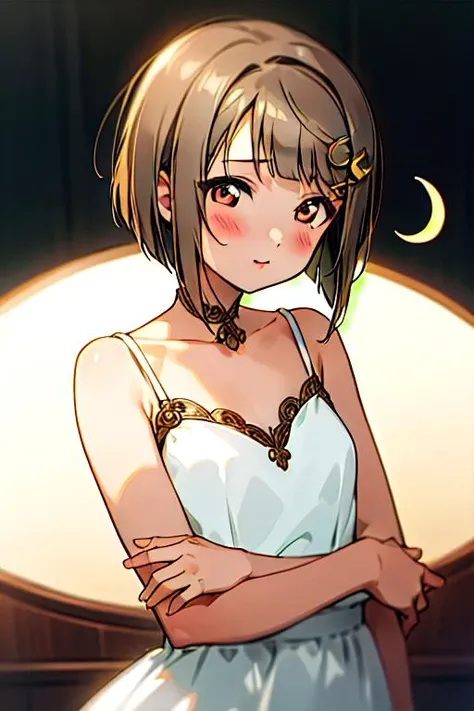 (masterpiece, best quality), intricate details, 1girl, <lora:kasumin:.8> nakasu kasumi, bob cut, light brown hair, short hair, blunt bangs, crescent, crescent hair ornament, hair ornament, hairclip, upper body, white dress, bare shoulders,