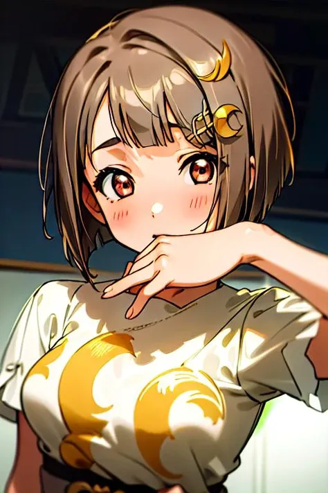 (masterpiece, best quality), intricate details, 1girl, <lora:kasumin:.8> nakasu kasumi, bob cut, light brown hair, short hair, blunt bangs, crescent, crescent hair ornament, hair ornament, hairclip