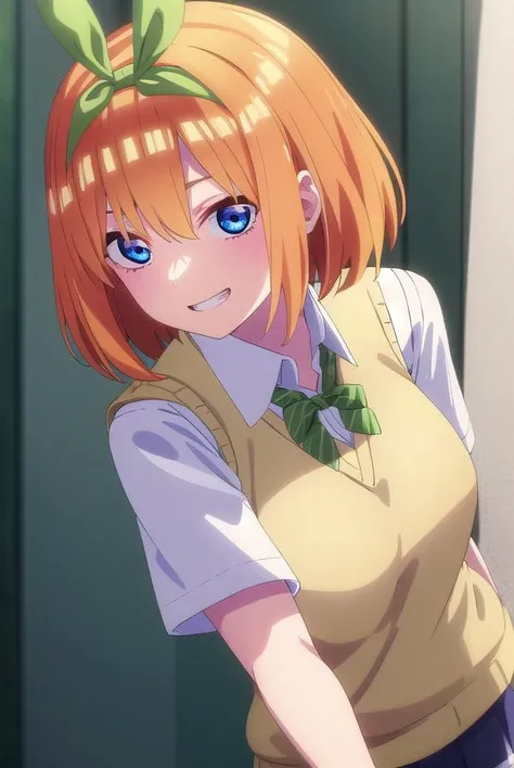 yotsubanakano, <lora:yotsuba nakano s2-lora-nochekaiser:1>,
yotsuba nakano, bangs, short hair, blue eyes, hair between eyes, hair ribbon, hairband, orange hair, (green ribbon:1.5), smile, grin,
BREAK skirt, shirt, bow, ribbon, school uniform, white shirt, short sleeves, pleated skirt, shoes, socks, collared shirt, miniskirt, bowtie, black footwear, kneehighs, green skirt, black socks, loafers, green bow, sweater vest, green ribbon, (yellow sweater vest:1.5),
BREAK indoors, classroom,
BREAK looking at viewer, (cowboy shot:1.5),
BREAK <lyco:GoodHands-beta2:1>, (masterpiece:1.2), best quality, high resolution, unity 8k wallpaper, (illustration:0.8), (beautiful detailed eyes:1.6), extremely detailed face, perfect lighting, extremely detailed CG, (perfect hands, perfect anatomy),