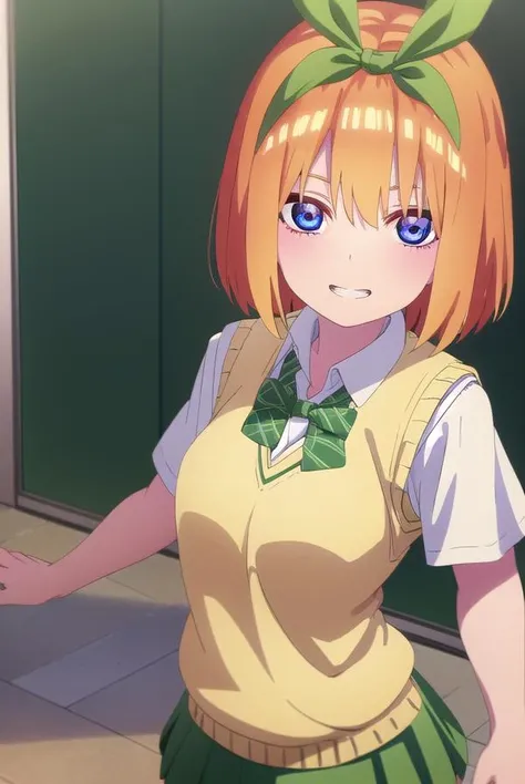 yotsubanakano, <lora:yotsuba nakano s2-lora-nochekaiser:1>, 
yotsuba nakano, bangs, short hair, blue eyes, hair between eyes, hair ribbon, hairband, orange hair, (green ribbon:1.5), smile, grin,
BREAK skirt, shirt, bow, ribbon, school uniform, white shirt, short sleeves, pleated skirt, shoes, socks, collared shirt, miniskirt, bowtie, black footwear, kneehighs, green skirt, black socks, loafers, green bow, sweater vest, green ribbon, (yellow sweater vest:1.5),
BREAK indoors, classroom,
BREAK looking at viewer, (cowboy shot:1.5),
BREAK <lyco:GoodHands-beta2:1>, (masterpiece:1.2), best quality, high resolution, unity 8k wallpaper, (illustration:0.8), (beautiful detailed eyes:1.6), extremely detailed face, perfect lighting, extremely detailed CG, (perfect hands, perfect anatomy),