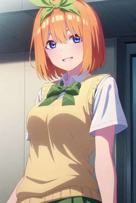 yotsubanakano, <lyco:yotsubanakanospecial-lyco-nochekaiser:1>, 
yotsuba nakano, bangs, short hair, blue eyes, hair between eyes, hair ribbon, hairband, orange hair, (green ribbon:1.5),
BREAK skirt, shirt, bow, ribbon, school uniform, white shirt, short sleeves, pleated skirt, shoes, socks, collared shirt, miniskirt, bowtie, black footwear, kneehighs, green skirt, black socks, loafers, green bow, sweater vest, green ribbon, (yellow sweater vest:1.5),
BREAK indoors, classroom,
BREAK looking at viewer, (cowboy shot:1.5),
BREAK <lyco:GoodHands-beta2:1>, (masterpiece:1.2), best quality, high resolution, unity 8k wallpaper, (illustration:0.8), (beautiful detailed eyes:1.6), extremely detailed face, perfect lighting, extremely detailed CG, (perfect hands, perfect anatomy),