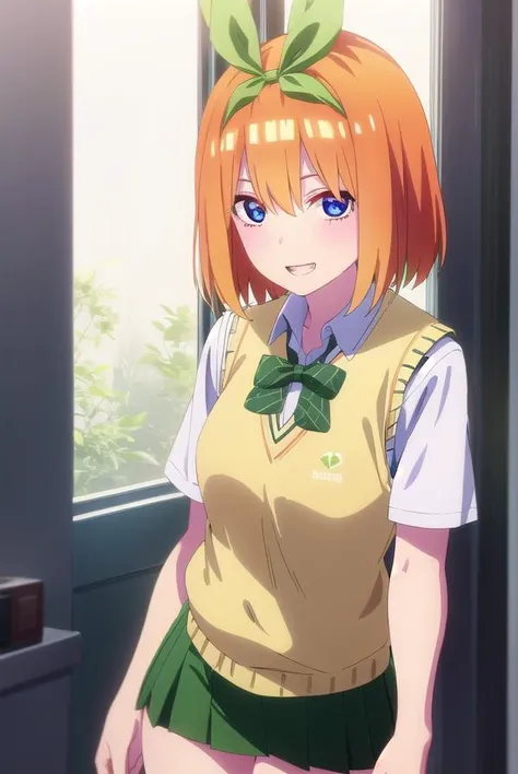 yotsubanakano, <lora:yotsuba nakano s2-lora-nochekaiser:1>,
yotsuba nakano, bangs, short hair, blue eyes, hair between eyes, hair ribbon, hairband, orange hair, (green ribbon:1.5), smile, grin,
BREAK skirt, shirt, bow, ribbon, school uniform, white shirt, short sleeves, pleated skirt, shoes, socks, collared shirt, miniskirt, bowtie, black footwear, kneehighs, green skirt, black socks, loafers, green bow, sweater vest, green ribbon, (yellow sweater vest:1.5),
BREAK indoors, classroom,
BREAK looking at viewer, (cowboy shot:1.5),
BREAK <lyco:GoodHands-beta2:1>, (masterpiece:1.2), best quality, high resolution, unity 8k wallpaper, (illustration:0.8), (beautiful detailed eyes:1.6), extremely detailed face, perfect lighting, extremely detailed CG, (perfect hands, perfect anatomy),