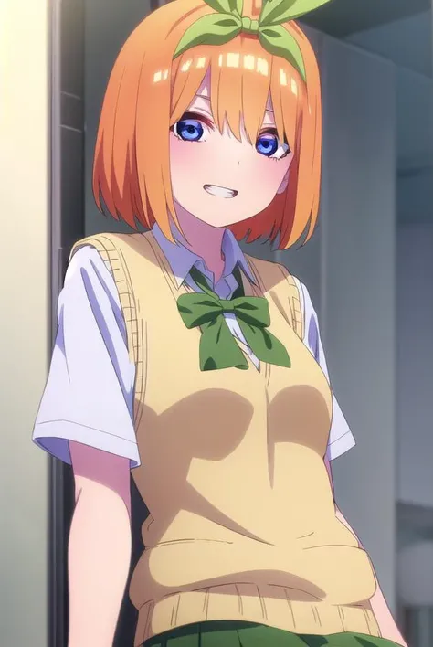 yotsubanakano, <lora:yotsuba nakano s2-lora-nochekaiser:1>,
yotsuba nakano, bangs, short hair, blue eyes, hair between eyes, hair ribbon, hairband, orange hair, (green ribbon:1.5), smile, grin,
BREAK skirt, shirt, bow, ribbon, school uniform, white shirt, short sleeves, pleated skirt, shoes, socks, collared shirt, miniskirt, bowtie, black footwear, kneehighs, green skirt, black socks, loafers, green bow, sweater vest, green ribbon, (yellow sweater vest:1.5),
BREAK indoors, classroom,
BREAK looking at viewer, (cowboy shot:1.5),
BREAK <lyco:GoodHands-beta2:1>, (masterpiece:1.2), best quality, high resolution, unity 8k wallpaper, (illustration:0.8), (beautiful detailed eyes:1.6), extremely detailed face, perfect lighting, extremely detailed CG, (perfect hands, perfect anatomy),