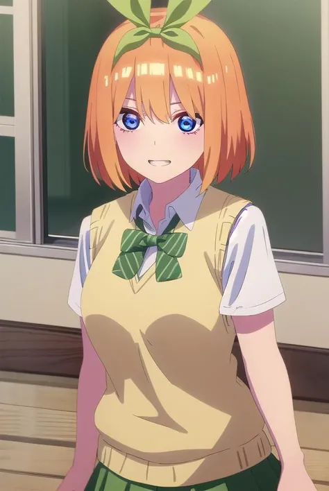 yotsubanakano, <lora:yotsuba nakano s2-lora-nochekaiser:1>,
yotsuba nakano, bangs, short hair, blue eyes, hair between eyes, hair ribbon, hairband, orange hair, (green ribbon:1.5), smile, grin,
BREAK skirt, shirt, bow, ribbon, school uniform, white shirt, short sleeves, pleated skirt, shoes, socks, collared shirt, miniskirt, bowtie, black footwear, kneehighs, green skirt, black socks, loafers, green bow, sweater vest, green ribbon, (yellow sweater vest:1.5),
BREAK indoors, classroom,
BREAK looking at viewer, (cowboy shot:1.5),
BREAK <lyco:GoodHands-beta2:1>, (masterpiece:1.2), best quality, high resolution, unity 8k wallpaper, (illustration:0.8), (beautiful detailed eyes:1.6), extremely detailed face, perfect lighting, extremely detailed CG, (perfect hands, perfect anatomy),