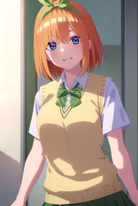 yotsubanakano, <lora:yotsuba nakano s2-lora-nochekaiser:1>,
yotsuba nakano, bangs, short hair, blue eyes, hair between eyes, hair ribbon, hairband, orange hair, (green ribbon:1.5), smile, grin,
BREAK skirt, shirt, bow, ribbon, school uniform, white shirt, short sleeves, pleated skirt, shoes, socks, collared shirt, miniskirt, bowtie, black footwear, kneehighs, green skirt, black socks, loafers, green bow, sweater vest, green ribbon, (yellow sweater vest:1.5),
BREAK indoors, classroom,
BREAK looking at viewer, (cowboy shot:1.5),
BREAK <lyco:GoodHands-beta2:1>, (masterpiece:1.2), best quality, high resolution, unity 8k wallpaper, (illustration:0.8), (beautiful detailed eyes:1.6), extremely detailed face, perfect lighting, extremely detailed CG, (perfect hands, perfect anatomy),