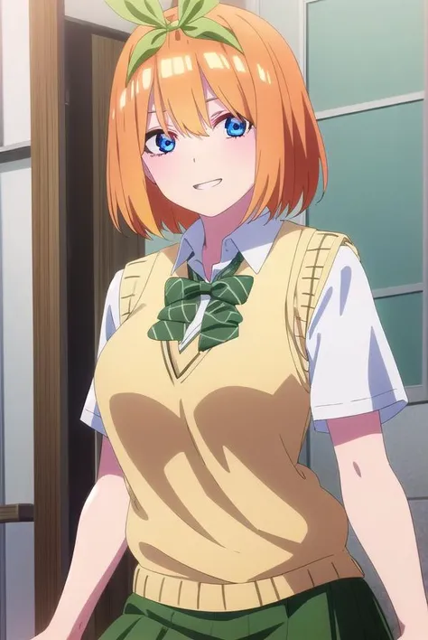 yotsubanakano, <lora:yotsuba nakano s2-lora-nochekaiser:1>,
yotsuba nakano, bangs, short hair, blue eyes, hair between eyes, hair ribbon, hairband, orange hair, (green ribbon:1.5), smile, grin,
BREAK skirt, shirt, bow, ribbon, school uniform, white shirt, short sleeves, pleated skirt, shoes, socks, collared shirt, miniskirt, bowtie, black footwear, kneehighs, green skirt, black socks, loafers, green bow, sweater vest, green ribbon, (yellow sweater vest:1.5),
BREAK indoors, classroom,
BREAK looking at viewer, (cowboy shot:1.5),
BREAK <lyco:GoodHands-beta2:1>, (masterpiece:1.2), best quality, high resolution, unity 8k wallpaper, (illustration:0.8), (beautiful detailed eyes:1.6), extremely detailed face, perfect lighting, extremely detailed CG, (perfect hands, perfect anatomy),