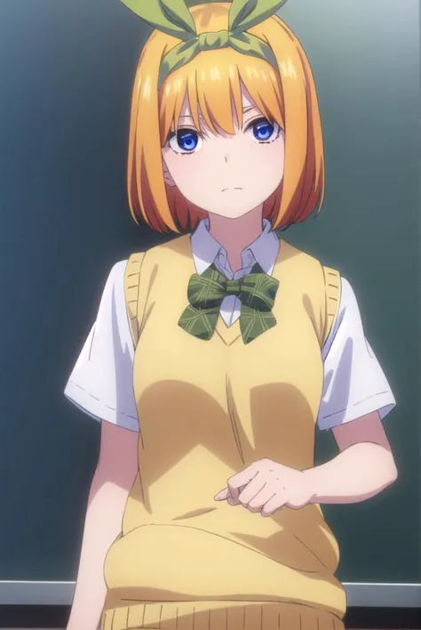 yotsubanakano, <lora:yotsubanakanospecial-lora-nochekaiser:1>,
yotsuba nakano, bangs, short hair, blue eyes, hair between eyes, hair ribbon, hairband, orange hair, (green ribbon:1.5),
BREAK skirt, shirt, bow, ribbon, school uniform, white shirt, short sleeves, pleated skirt, shoes, socks, collared shirt, miniskirt, bowtie, black footwear, kneehighs, green skirt, black socks, loafers, green bow, sweater vest, green ribbon, (yellow sweater vest:1.5),
BREAK indoors, classroom,
BREAK looking at viewer, (cowboy shot:1.5),
BREAK <lyco:GoodHands-beta2:1>, (masterpiece:1.2), best quality, high resolution, unity 8k wallpaper, (illustration:0.8), (beautiful detailed eyes:1.6), extremely detailed face, perfect lighting, extremely detailed CG, (perfect hands, perfect anatomy),