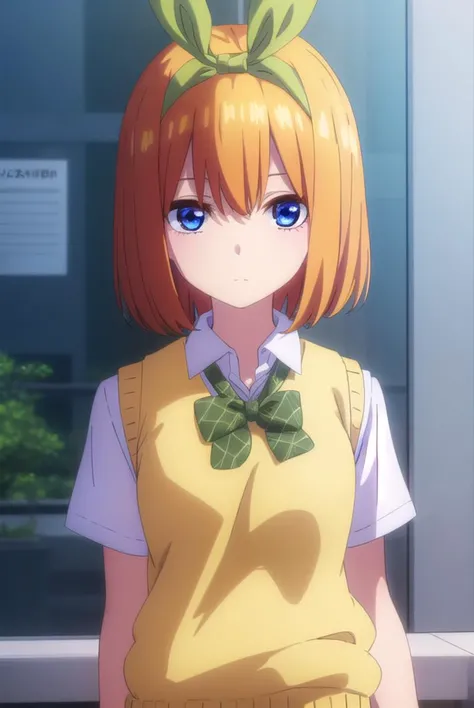 yotsubanakano, <lora:yotsubanakanospecial-lora-nochekaiser:1>,
yotsuba nakano, bangs, short hair, blue eyes, hair between eyes, hair ribbon, hairband, orange hair, (green ribbon:1.5),
BREAK skirt, shirt, bow, ribbon, school uniform, white shirt, short sleeves, pleated skirt, shoes, socks, collared shirt, miniskirt, bowtie, black footwear, kneehighs, green skirt, black socks, loafers, green bow, sweater vest, green ribbon, (yellow sweater vest:1.5),
BREAK indoors, classroom,
BREAK looking at viewer, (cowboy shot:1.5),
BREAK <lyco:GoodHands-beta2:1>, (masterpiece:1.2), best quality, high resolution, unity 8k wallpaper, (illustration:0.8), (beautiful detailed eyes:1.6), extremely detailed face, perfect lighting, extremely detailed CG, (perfect hands, perfect anatomy),
