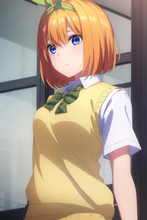 yotsubanakano, <lora:yotsubanakanospecial-lora-nochekaiser:1>,
yotsuba nakano, bangs, short hair, blue eyes, hair between eyes, hair ribbon, hairband, orange hair, (green ribbon:1.5),
BREAK skirt, shirt, bow, ribbon, school uniform, white shirt, short sleeves, pleated skirt, shoes, socks, collared shirt, miniskirt, bowtie, black footwear, kneehighs, green skirt, black socks, loafers, green bow, sweater vest, green ribbon, (yellow sweater vest:1.5),
BREAK indoors, classroom,
BREAK looking at viewer, (cowboy shot:1.5),
BREAK <lyco:GoodHands-beta2:1>, (masterpiece:1.2), best quality, high resolution, unity 8k wallpaper, (illustration:0.8), (beautiful detailed eyes:1.6), extremely detailed face, perfect lighting, extremely detailed CG, (perfect hands, perfect anatomy),