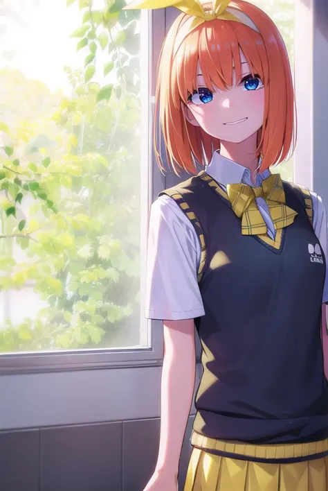 yotsubanakano, <lora:yotsubanakano-lora-nochekaiser:1>, 
yotsuba nakano, bangs, short hair, blue eyes, hair between eyes, hair ribbon, hairband, orange hair, green ribbon, <lora:talkmouth_I_v100:1>,
BREAK skirt, shirt, bow, ribbon, school uniform, white shirt, short sleeves, pleated skirt, shoes, socks, collared shirt, miniskirt, bowtie, black footwear, kneehighs, green skirt, black socks, loafers, green bow, sweater vest, green ribbon, (yellow sweater vest:1.5),
BREAK looking at viewer,
BREAK indoors, classroom,
BREAK <lyco:GoodHands-beta2:1>, (masterpiece:1.2), best quality, high resolution, unity 8k wallpaper, (illustration:0.8), (beautiful detailed eyes:1.6), extremely detailed face, perfect lighting, extremely detailed CG, (perfect hands, perfect anatomy),