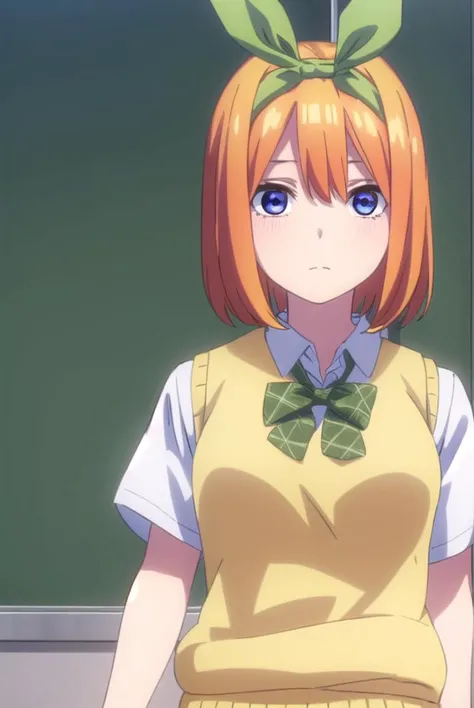 yotsubanakano, <lora:yotsubanakanospecial-lora-nochekaiser:1>,
yotsuba nakano, bangs, short hair, blue eyes, hair between eyes, hair ribbon, hairband, orange hair, (green ribbon:1.5),
BREAK skirt, shirt, bow, ribbon, school uniform, white shirt, short sleeves, pleated skirt, shoes, socks, collared shirt, miniskirt, bowtie, black footwear, kneehighs, green skirt, black socks, loafers, green bow, sweater vest, green ribbon, (yellow sweater vest:1.5),
BREAK indoors, classroom,
BREAK looking at viewer, (cowboy shot:1.5),
BREAK <lyco:GoodHands-beta2:1>, (masterpiece:1.2), best quality, high resolution, unity 8k wallpaper, (illustration:0.8), (beautiful detailed eyes:1.6), extremely detailed face, perfect lighting, extremely detailed CG, (perfect hands, perfect anatomy),