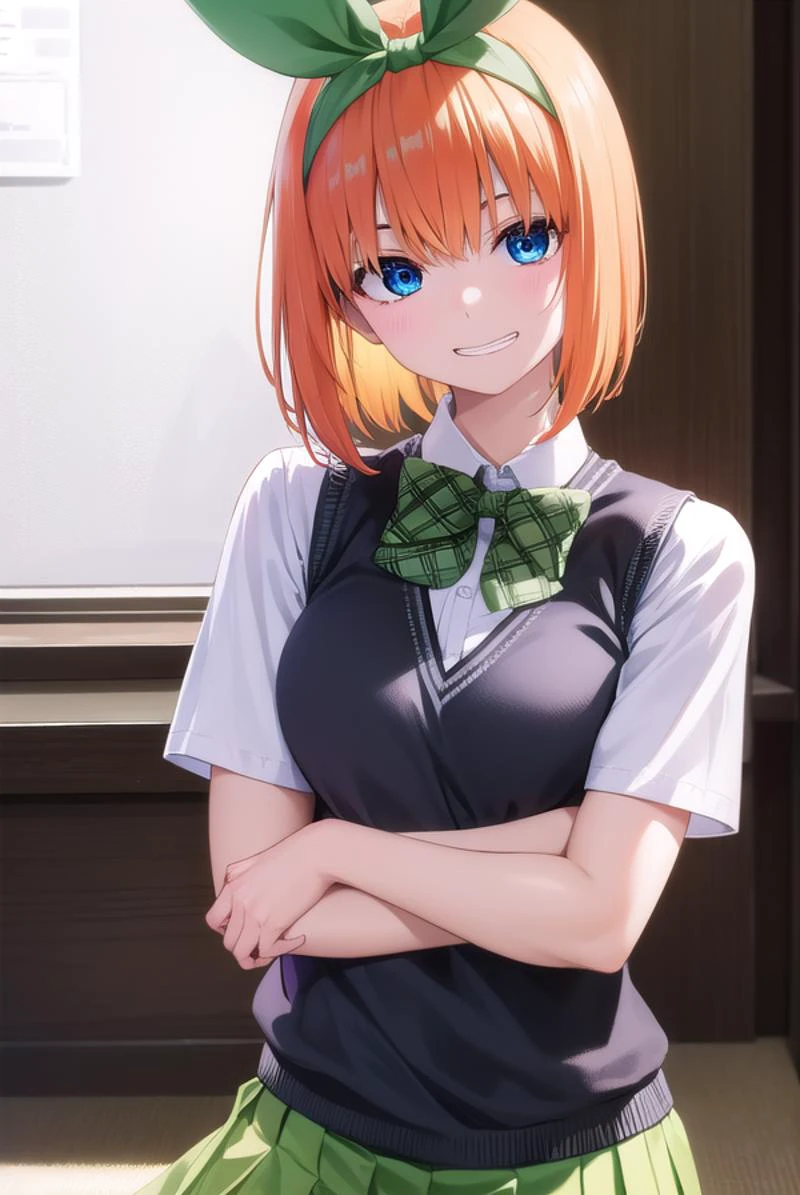 yotsubanakano, <lora:yotsubanakano-lora-nochekaiser:1>,
yotsuba nakano, bangs, short hair, blue eyes, hair between eyes, hair ribbon, hairband, orange hair, green ribbon, <lora:talkmouth_I_v100:1>,
BREAK skirt, shirt, bow, ribbon, school uniform, white shirt, short sleeves, pleated skirt, shoes, socks, collared shirt, miniskirt, bowtie, black footwear, kneehighs, green skirt, black socks, loafers, green bow, sweater vest, green ribbon,
BREAK looking at viewer, full body, upper body,
BREAK indoors, classroom,
BREAK <lyco:GoodHands-beta2:1>, (masterpiece:1.2), best quality, high resolution, unity 8k wallpaper, (illustration:0.8), (beautiful detailed eyes:1.6), extremely detailed face, perfect lighting, extremely detailed CG, (perfect hands, perfect anatomy),