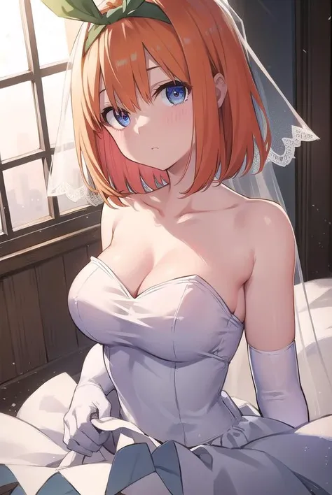yotsubanakano, <lora:yotsubanakanotest:1>, yotsuba nakano, bangs, short hair, blue eyes, hair between eyes, hair ribbon, hairband, orange hair, green ribbon,
BREAK gloves, dress, cleavage, bare shoulders, collarbone, elbow gloves, white gloves, white dress, strapless, tiara, veil, strapless dress, wedding dress, bridal veil,
BREAK indoors, church,
BREAK looking at viewer, BREAK <lora:GoodHands-vanilla:1>, (masterpiece:1.2), best quality, high resolution, unity 8k wallpaper, (illustration:0.8), (beautiful detailed eyes:1.6), extremely detailed face, perfect lighting, extremely detailed CG, (perfect hands, perfect anatomy),