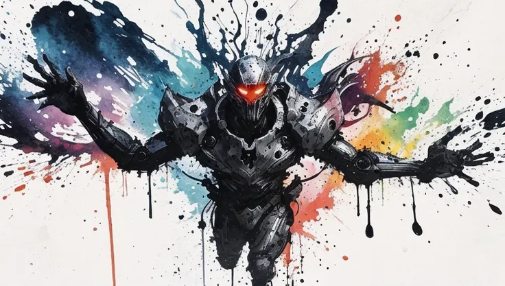 <lora:D-mecha:0.8>,daem style,ink painting,<lora:Painted World:0.8>, painted world,colorful splashes,