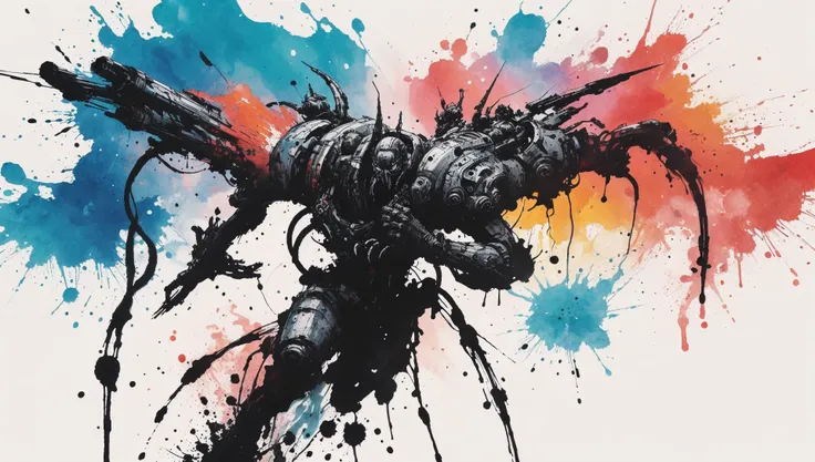<lora:D-mecha:0.8>,daem style,ink painting,<lora:Painted World:0.8>,painted world,colorful splashes,
