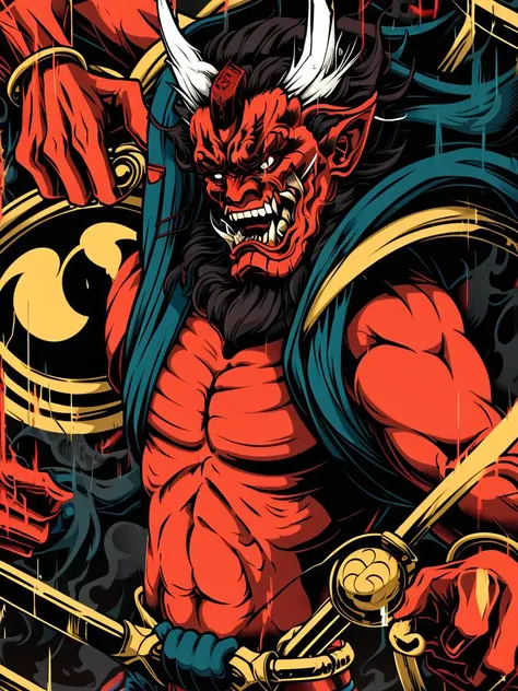 Japanese pattern,totem,red skin,tomoe \(symbol\),mitsudomoe \(shape\),colored skin,horns,red oni,oni,1boy,fangs,muscular,solo,male focus,demon,weapon,teeth,tattoo,Devil,ghost,curse mark,
tattoo,japanese pattern,totem,<lora:Japanese Tattoo model-4-000007:0.8>,
