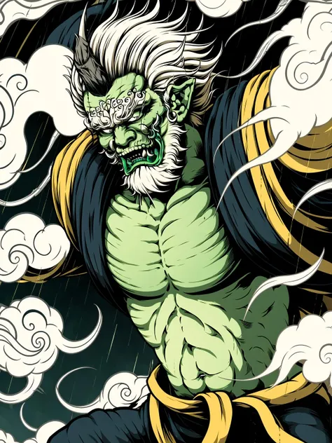 Japanese pattern, totem, 1boy, solo, male focus, colored skin, cloud, facial hair, green skin, white hair, beard, abs, horns, smoke, tattoo, Ghost God, Thunder God