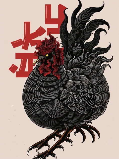 Japanese pattern, totem, no humans, black background, simple background, animal focus, talons, tattoo, Chicken, rooster, text