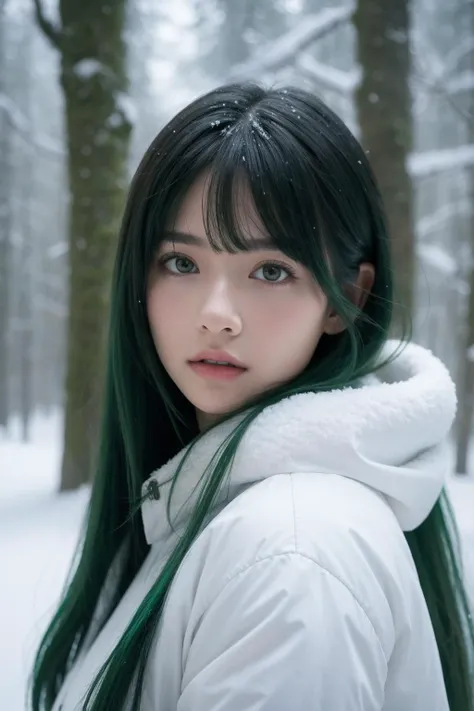 (realistic), (hyperrealism),best quality, masterpiece,ultra high res, (photorealistic:1.4),young girl,(looking at viewer),snowy forest,green hair,upper body,