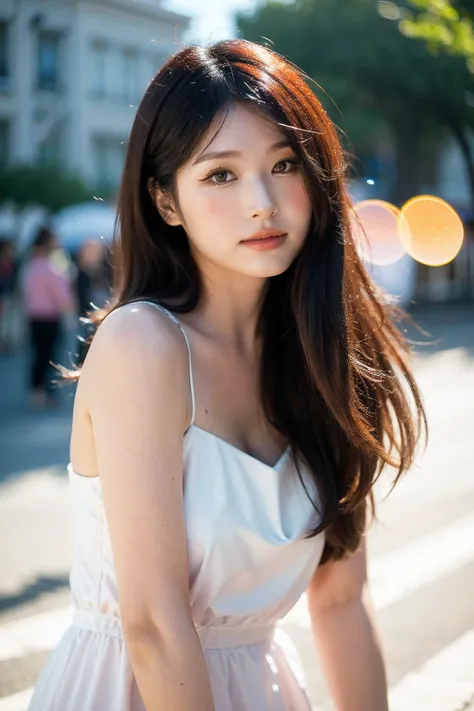 Best quality, masterpiece, ultra high res, (photorealistic), raw photo,1girl, skinny, upper body,solo, realistic, looking at viewer, long hair, bokeh background, city streets,brown eyes, bohemian dress, <lora:makina69_hyoon_v1.0:1>