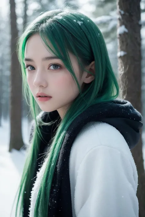 (realistic), (hyperrealism),best quality, masterpiece,ultra high res, (photorealistic:1.4),young girl,(looking at viewer),snowy forest,green hair,upper body,