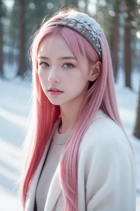 (realistic), (hyperrealism),best quality, masterpiece,ultra high res, (photorealistic:1.4),young girl,(looking at viewer),snowy forest,pink hair,long hair, upper body,