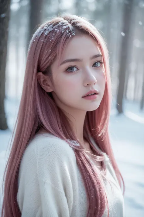 (realistic), (hyperrealism),best quality, masterpiece,ultra high res, (photorealistic:1.4),young girl,(looking at viewer),snowy forest,pink hair,long hair, upper body,