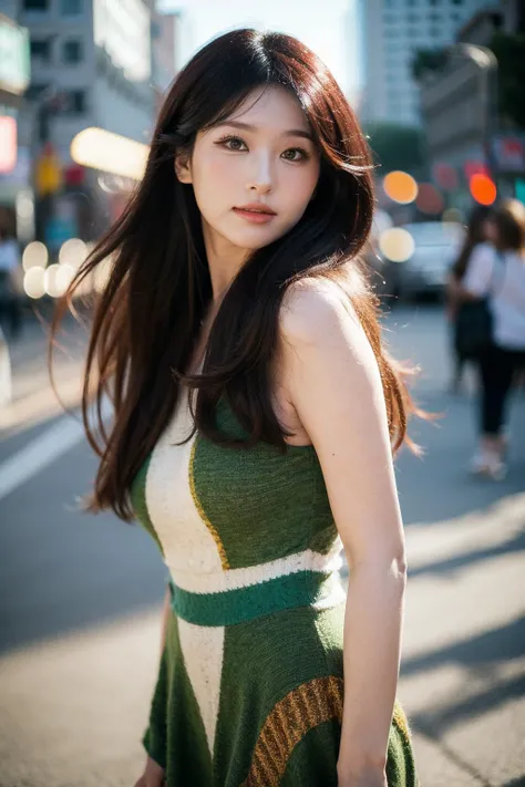 Best quality, masterpiece, ultra high res, (photorealistic), raw photo,1girl, skinny, upper body,solo, realistic, looking at viewer, long hair, bokeh background, city streets,brown eyes, bohemian dress, <lora:makina69_hyoon_v1.0:1>