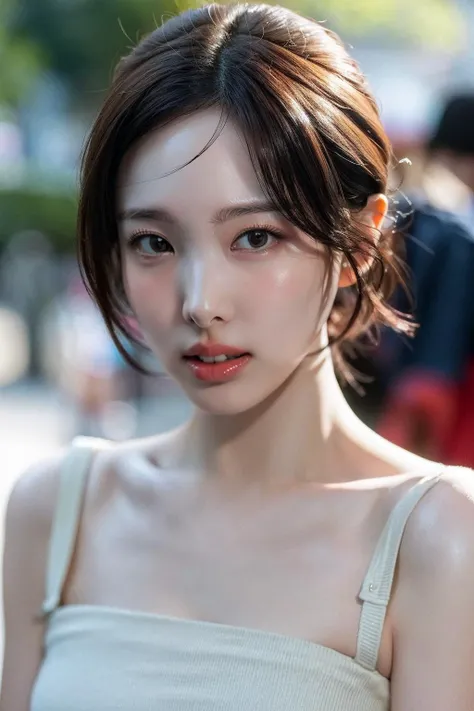 Best quality, masterpiece, ultra high res, (photorealistic:1.4), raw photo,1girl, solo, realistic,looking at viewer, (big front teeth), parted lips, upper body, bokeh background, dress, <lora:makina69_nayeon_v1.1:1>