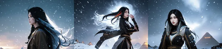 (otherworldly, otherworldly atmosphere, otherworldly appearance), highly insanely detailed, masterpiece, top quality, best quality, highres, 4k, 8k, RAW photo, ((ancient egyptian theme:1.2)), 
asian girl, pale skin, skinny, outdoors, long wavy black hair, 
winter jacket, snowing, cleavage, 
cowboy shot, 
from side, 
(long_hair, long hair, random colors hair, glowing hair, hair over one eye, long messy hair), (fantasy world), windy, winter, snow, very cold