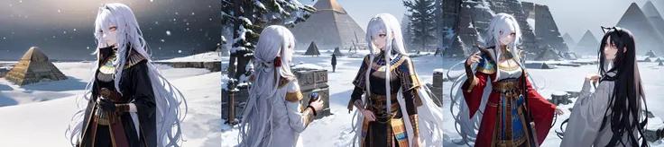 (otherworldly, otherworldly atmosphere, otherworldly appearance), highly insanely detailed, masterpiece, top quality, best quality, highres, 4k, 8k, RAW photo, ((ancient egyptian theme:1.2)),
asian girl, pale skin, skinny, outdoors, long wavy black hair,
winter jacket, snowing, cleavage,
cowboy shot,
from side,
(long_hair, long hair, random colors hair, glowing hair, hair over one eye, long messy hair), (fantasy world), windy, winter, snow, very cold