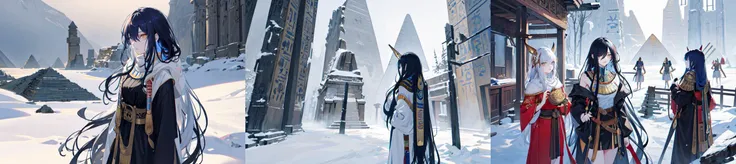 (otherworldly, otherworldly atmosphere, otherworldly appearance), highly insanely detailed, masterpiece, top quality, best quality, highres, 4k, 8k, RAW photo, ((ancient egyptian theme:1.2)), 
asian girl, pale skin, skinny, outdoors, long wavy black hair, 
winter jacket, snowing, cleavage, 
cowboy shot, 
from side, 
(long_hair, long hair, random colors hair, glowing hair, hair over one eye, long messy hair), (fantasy world), windy, winter, snow, very cold