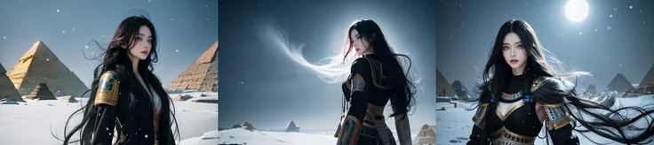 (otherworldly, otherworldly atmosphere, otherworldly appearance), highly insanely detailed, masterpiece, top quality, best quality, highres, 4k, 8k, RAW photo, ((ancient egyptian theme:1.2)),
asian girl, pale skin, skinny, outdoors, long wavy black hair,
winter jacket, snowing, cleavage,
cowboy shot,
from side,
(long_hair, long hair, random colors hair, glowing hair, hair over one eye, long messy hair), (fantasy world), windy, winter, snow, very cold