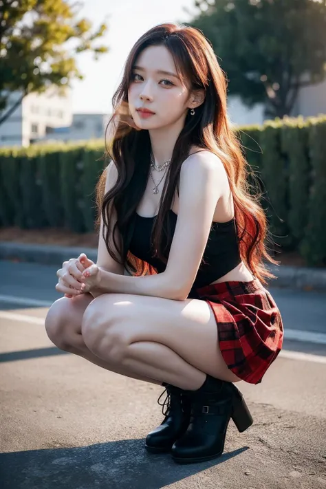 (realistic), (hyperrealism),best quality, masterpiece,ultra high res, (photorealistic:1.4),1girl,(looking at viewer:1.2),outdoor, long amber wavy hair,squatting, stockings, black halter dress, red skirt,
<lora:makina69_winter_v4.4:1> ,cowboy shot, necklace, earrings,