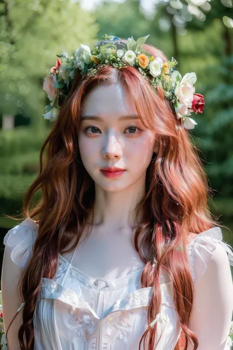 (realistic), (hyperrealism),best quality, masterpiece,ultra high res, (photorealistic:1.4),1girl,pale skin,skinny,(looking at viewer:1.2), <lora:add_detail:0.6>,forest, flowers, sunlight, long red wavy hair,
<lora:makina69_winter-light_v3.4:1> , (Bohemian_wedding_gown:1.4),(Flower_crown:1.3), cowboy shot