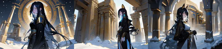 (otherworldly, otherworldly atmosphere, otherworldly appearance), highly insanely detailed, masterpiece, top quality, best quality, highres, 4k, 8k, RAW photo, ((ancient egyptian theme:1.2)), 
asian girl, pale skin, skinny, outdoors, long wavy black hair, 
winter jacket, snowing, cleavage, 
cowboy shot, 
from side, 
(long_hair, long hair, random colors hair, glowing hair, hair over one eye, long messy hair), (fantasy world), windy, winter, snow, very cold