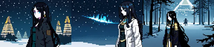 (otherworldly, otherworldly atmosphere, otherworldly appearance), highly insanely detailed, masterpiece, top quality, best quality, highres, 4k, 8k, RAW photo, ((ancient egyptian theme:1.2)), 
asian girl, pale skin, skinny, outdoors, long wavy black hair, 
winter jacket, snowing, cleavage, 
cowboy shot, 
from side, 
(long_hair, long hair, random colors hair, glowing hair, hair over one eye, long messy hair), (fantasy world), windy, winter, snow, very cold