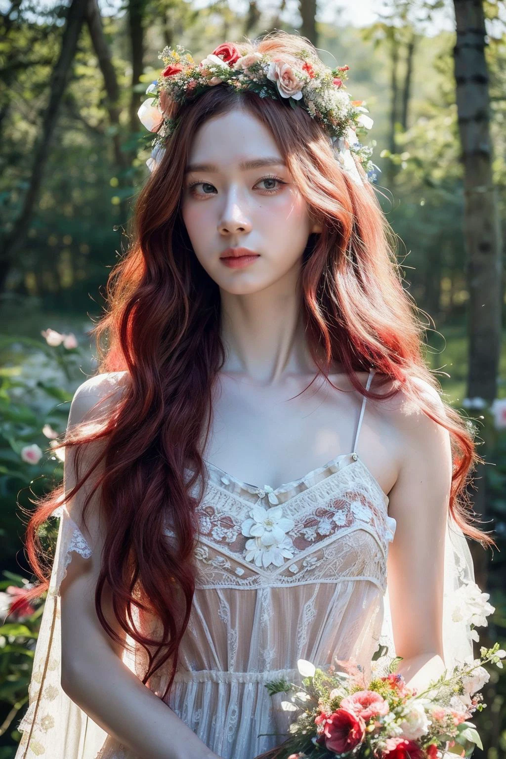 (realistic), (hyperrealism),best quality, masterpiece,ultra high res, (photorealistic:1.4),1girl,pale skin,skinny,(looking at viewer:1.2), <lora:add_detail:0.6>,forest, flowers, sunlight, long red wavy hair, serious face,
<lora:makina69_winter_v4.4:1> , (Bohemian_wedding_gown:1.4),(Flower_crown:1.3), cowboy shot