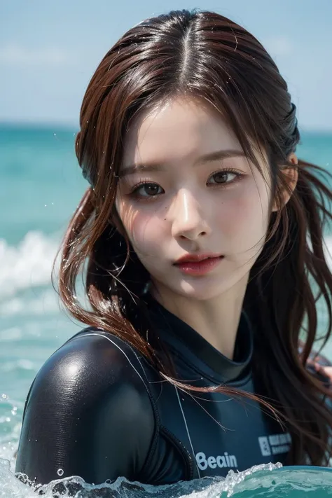 masterpiece,1girl,(looking at viewer), beach, wetsuit, waves,carry surfboard, <lora:makina69_sulyoon_v2.0:1>, wet hair, wet