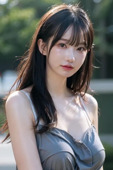(((Like the picture、Focus on the eyes:1.1、Extremely detailed:1.22、Ultra-high resolution、masterpiece:1.45、Highest quality)))、((((Whole body expression:1.68、camisole、Leaning forward、One person))))、long, straight black hair、So that every single hair is clearly visible、The subtle color changes of hair depending on how the light hits it、 Skin has a natural glow、Fine skin texture、Representing the fine details of pores:1.25、Details of the light redness on the forehead and cheeks、(((Eyes with fine iris details、The eyes depict color gradations and patterns.、Long, natural-looking eyelashes, each and every one visible、Well-groomed eyebrows、眉毛のindivual々The hair is clearly visible、Light reflecting off into the eye、The light in the eyes creates small highlights)))、The nose is delicate、Fine detail on the nostrils、Lips are plump and naturally pink、Depicts the fine lines and soft curves of the lips、lips are shiny and、The gloss on your lips accentuates their shape.、(((Detailed depiction of lip texture、Particular attention to the depiction of light and shadow、Soft natural light gently illuminates the face from the front、A faint glow on the forehead、A slight shine on the nose、A slight glow on the cheeks、Shadows are cast softly along the contours of the face、Accentuate the sides of your cheekbones、Accentuate the sides of the jawline、Emphasize the sides of the nose、The gloss on her lips reflects the light faintly、Lips emphasize the plump texture、The shadow of the hair gives depth and dimension、indivual々The hair shines in the light、