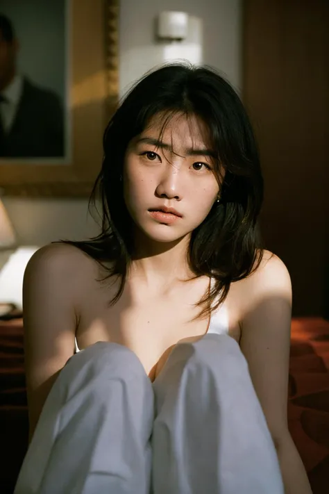realistic,(blurred:1.2),f/1.4,portrait,woman,analog film,real skin,sit,(renaissance:0.7),film grain,grim BREAK smooth skin,portrait,epic,fantastic,fashion photo,hotel,messy hair,shadow,(dark:1.2),light,<lora:lightshapes:0.7>,grainy,dramatic light,