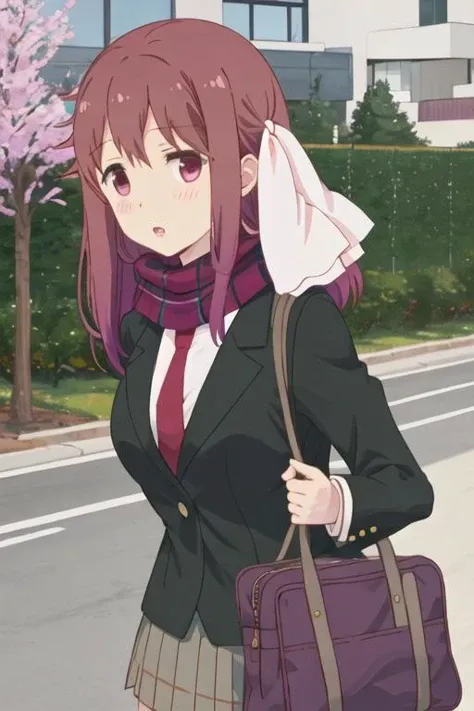 best quality, masterpiece, highres, solo, {haruka_takayama_sakuratrick:1.15}, blush, brown_hair, long_hair, ribbon, hair_ribbon, necktie, purple_eyes, red_hair, 1girl, bag, black_jacket, blazer, jacket, scarf, school_bag, school_uniform, shirt, upper_body, white_shirt, bangs, open_mouth, outdoors, plaid, red_necktie, long_sleeves, looking_at_viewer, parted_lips