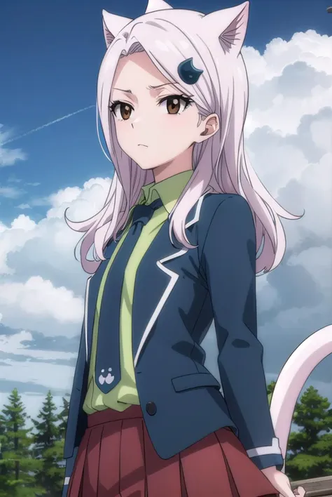 fairytailcarla, <lyco:fairytailcarla-lyco-nochekaiser:1>,
fairy tail carla, long hair, hair ornament, animal ears, (brown eyes:1.5), white hair, cat ears,
BREAK skirt, school uniform, jacket, tail, necktie, red skirt, shirt, green shirt, collared shirt, long sleeves,
BREAK outdoors, forest, nature, sky, cloud, sun,
BREAK looking at viewer, (cowboy shot:1.5),
BREAK <lyco:GoodHands-beta2:1>, (masterpiece:1.2), best quality, high resolution, unity 8k wallpaper, (illustration:0.8), (beautiful detailed eyes:1.6), extremely detailed face, perfect lighting, extremely detailed CG, (perfect hands, perfect anatomy),