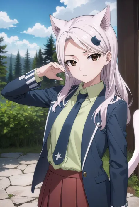 fairytailcarla, <lyco:fairytailcarla-lyco-nochekaiser:1>,
fairy tail carla, long hair, hair ornament, animal ears, (brown eyes:1.5), white hair, cat ears,
BREAK skirt, school uniform, jacket, tail, necktie, red skirt, shirt, green shirt, collared shirt, long sleeves,
BREAK outdoors, nature, forest, cloud, sky, sun, day,
BREAK looking at viewer, (cowboy shot:1.5),
BREAK <lyco:GoodHands-beta2:1>, (masterpiece:1.2), best quality, high resolution, unity 8k wallpaper, (illustration:0.8), (beautiful detailed eyes:1.6), extremely detailed face, perfect lighting, extremely detailed CG, (perfect hands, perfect anatomy),