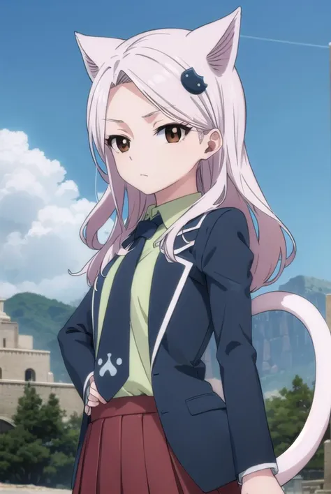 fairytailcarla, <lyco:fairytailcarla-lyco-nochekaiser:1>,
fairy tail carla, long hair, hair ornament, animal ears, (brown eyes:1.5), white hair, cat ears,
BREAK skirt, school uniform, jacket, tail, necktie, red skirt, shirt, green shirt, collared shirt, long sleeves,
BREAK outdoors, forest, nature, sky, cloud, sun,
BREAK looking at viewer, (cowboy shot:1.5),
BREAK <lyco:GoodHands-beta2:1>, (masterpiece:1.2), best quality, high resolution, unity 8k wallpaper, (illustration:0.8), (beautiful detailed eyes:1.6), extremely detailed face, perfect lighting, extremely detailed CG, (perfect hands, perfect anatomy),