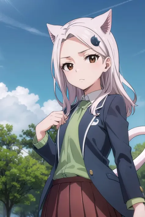 fairytailcarla, <lyco:fairytailcarla-lyco-nochekaiser:1>,
fairy tail carla, long hair, hair ornament, animal ears, (brown eyes:1.5), white hair, cat ears,
BREAK skirt, school uniform, jacket, tail, necktie, red skirt, shirt, green shirt, collared shirt, long sleeves,
BREAK outdoors, nature, forest, cloud, sky, sun, day,
BREAK looking at viewer, (cowboy shot:1.5),
BREAK <lyco:GoodHands-beta2:1>, (masterpiece:1.2), best quality, high resolution, unity 8k wallpaper, (illustration:0.8), (beautiful detailed eyes:1.6), extremely detailed face, perfect lighting, extremely detailed CG, (perfect hands, perfect anatomy),